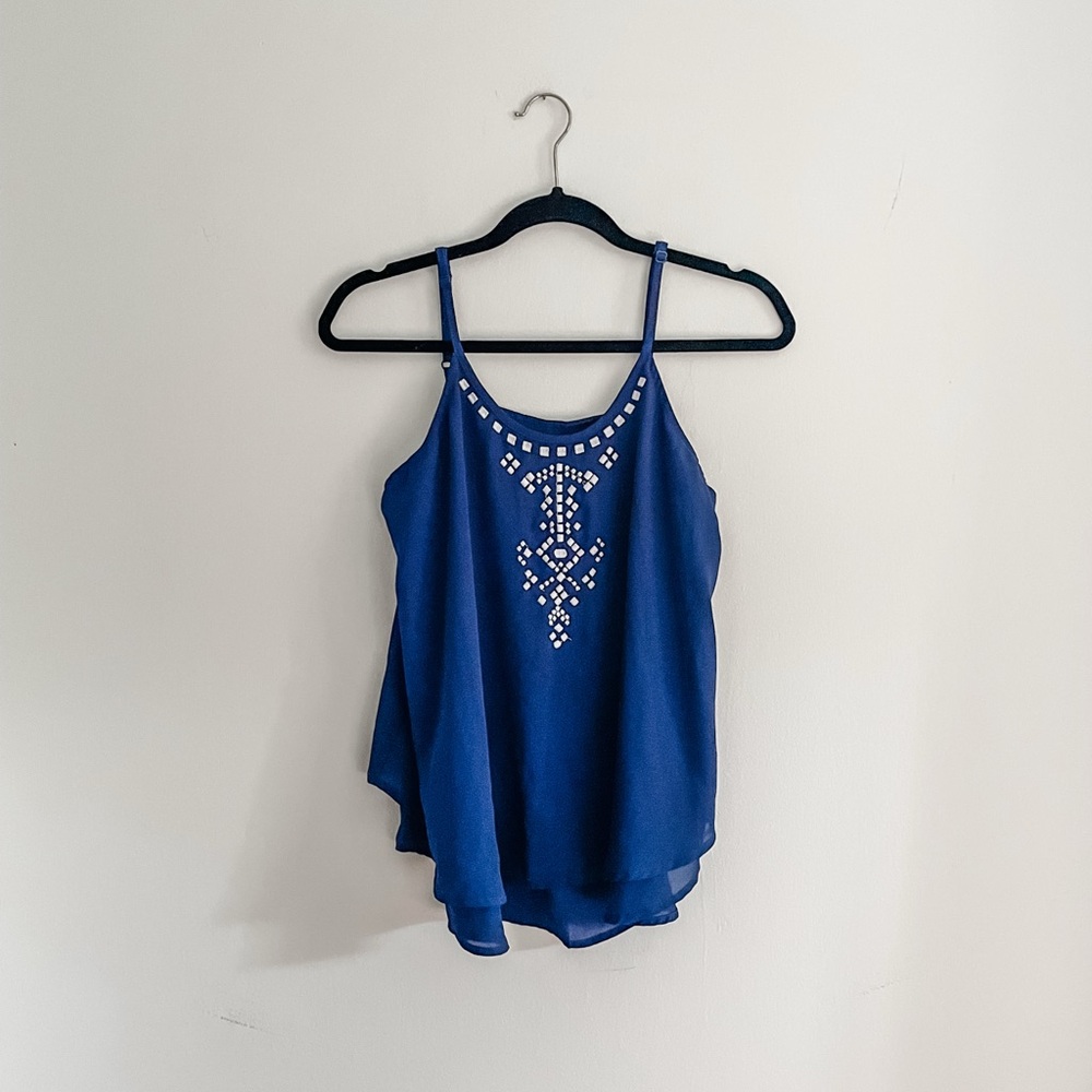 Charming Charlies Blue and White Aztec Embroidered Tank. Size M